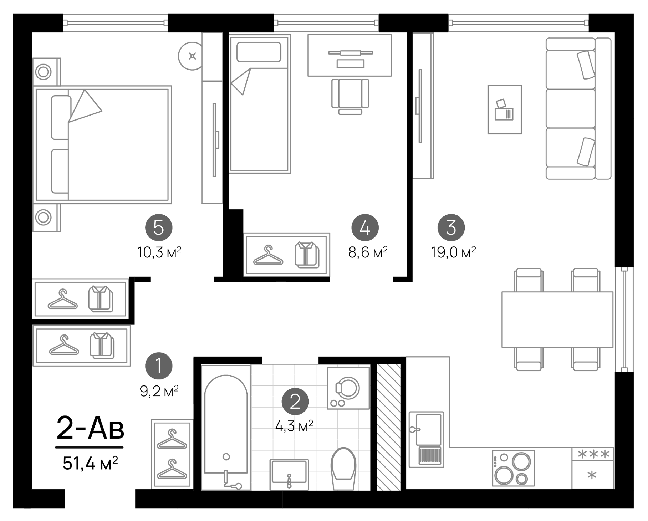 Планировка — Progress Академический, 3-комн., 51 м²