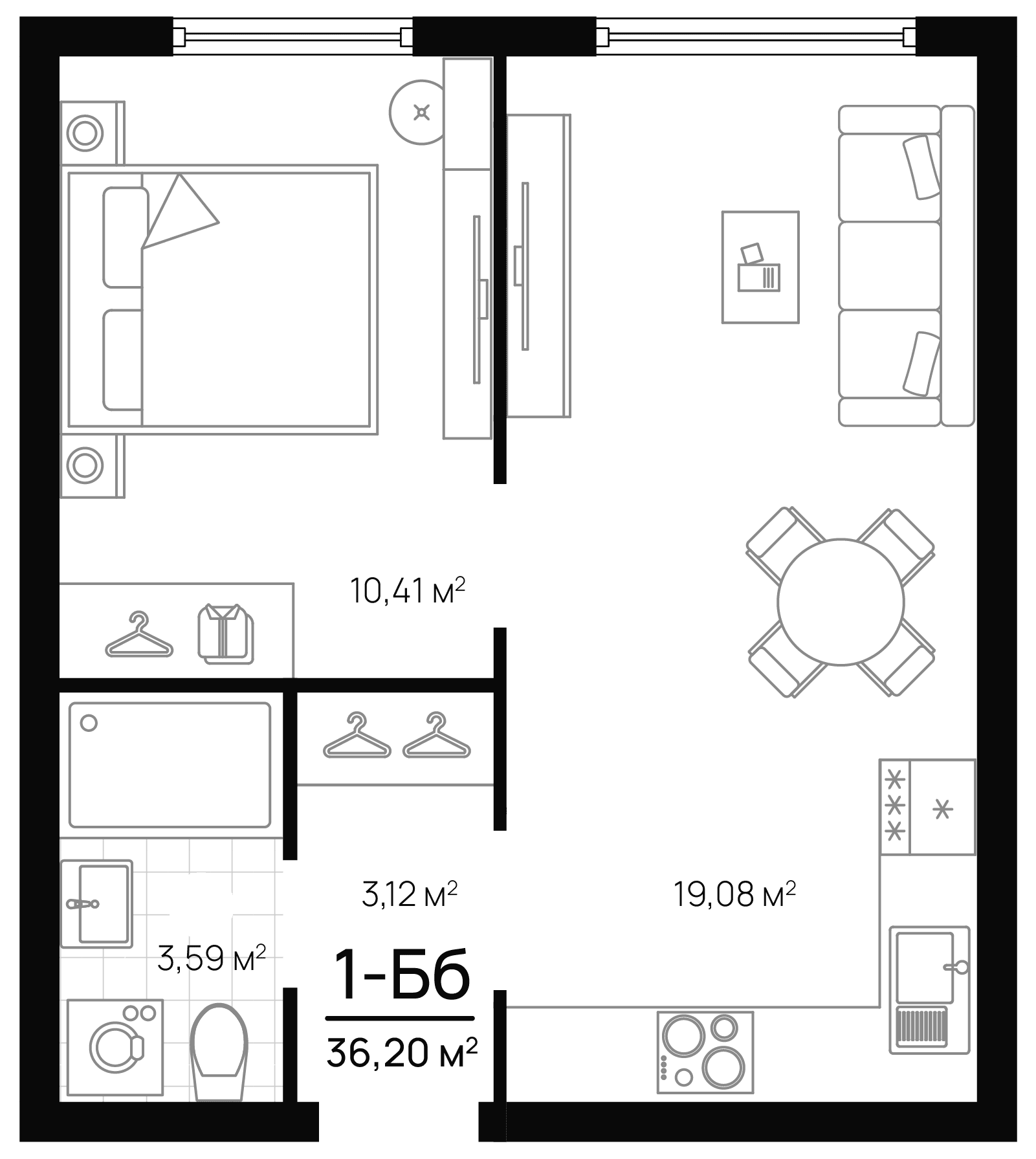 Планировка — Progress Академический, 2-комн., 36 м²
