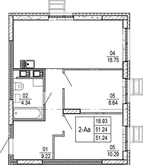 Планировка — Progress Академический, 3-комн., 51 м²