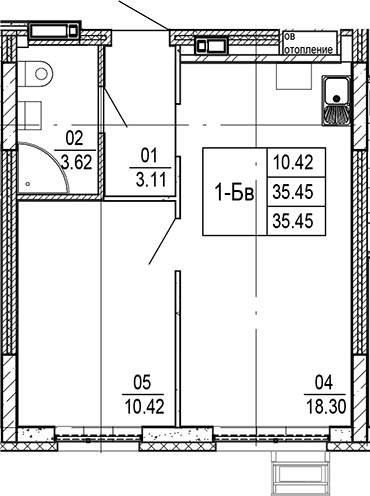 Планировка — Progress Академический, 2-комн., 35 м²
