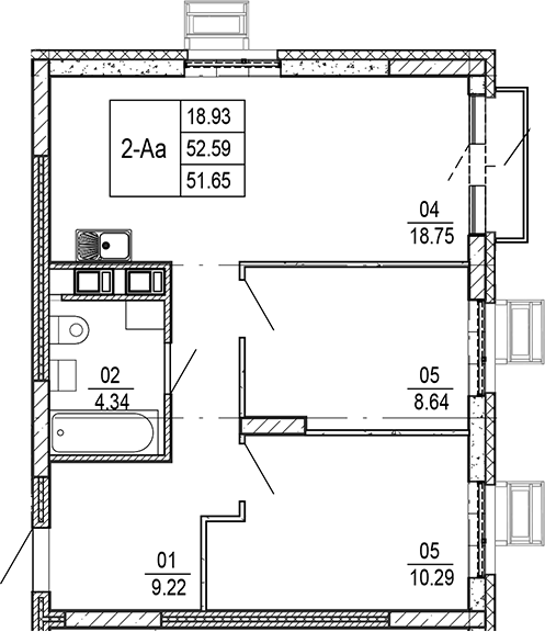 Планировка — Progress Академический, 3-комн., 51 м²