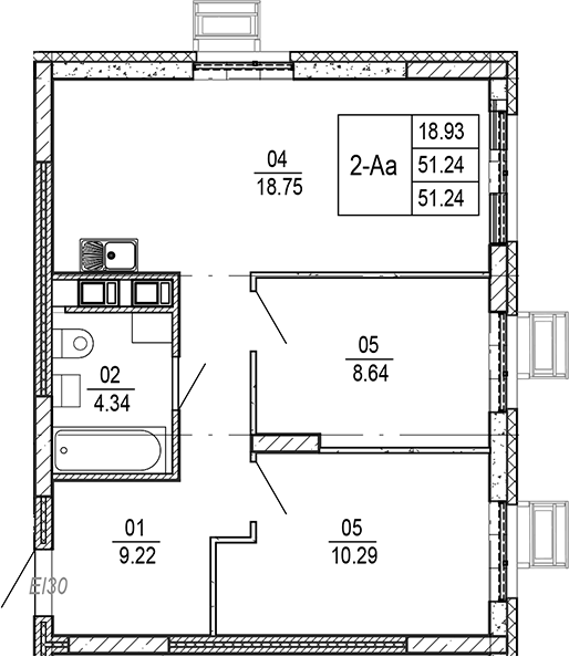 Планировка — Progress Академический, 3-комн., 51 м²