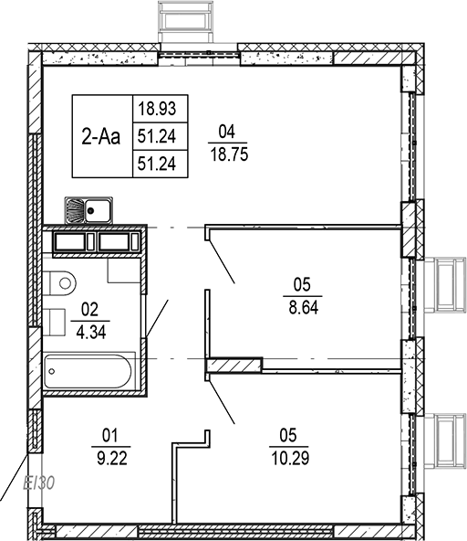 Планировка — Progress Академический, 3-комн., 51 м²