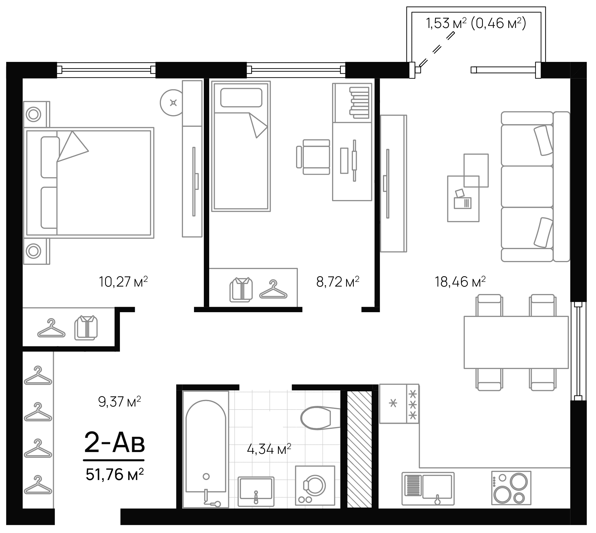 Планировка — Progress Академический, 3-комн., 51 м²