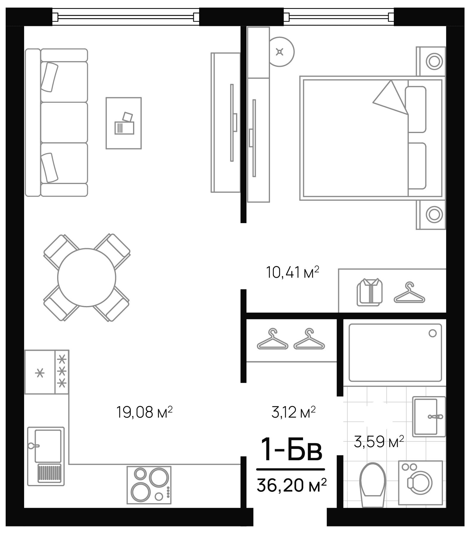 Планировка — Progress Академический, 2-комн., 36 м²