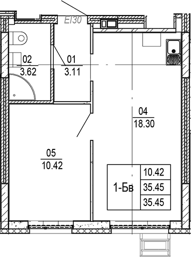 Планировка — Progress Академический, 2-комн., 35 м²