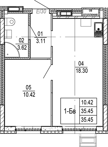 Планировка — Progress Академический, 2-комн., 35 м²
