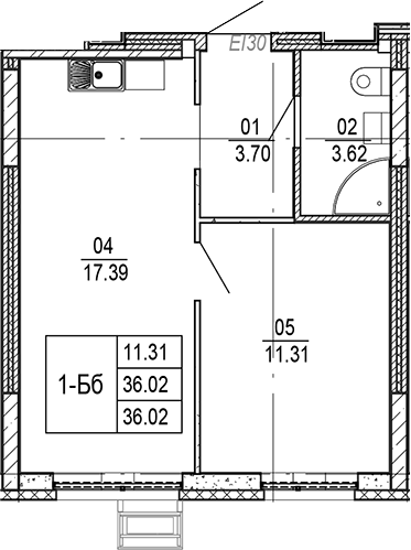 Планировка — Progress Академический, 2-комн., 36 м²