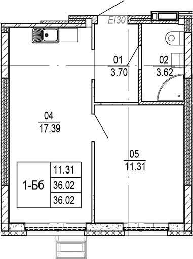 Планировка — Progress Академический, 2-комн., 36 м²