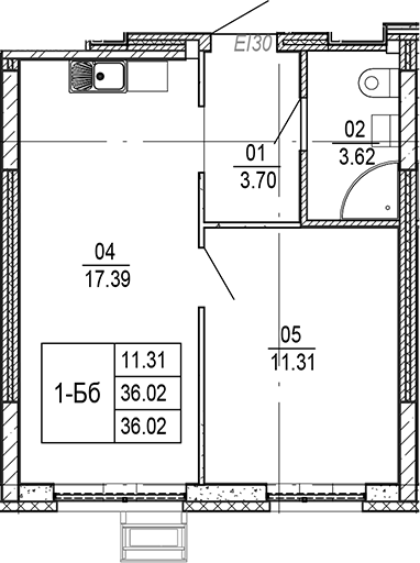 Планировка — Progress Академический, 2-комн., 36 м²