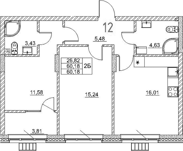 Планировка — Art Premium, 3-комн., 56 м²