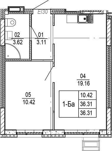 Планировка — Progress Академический, 2-комн., 36 м²