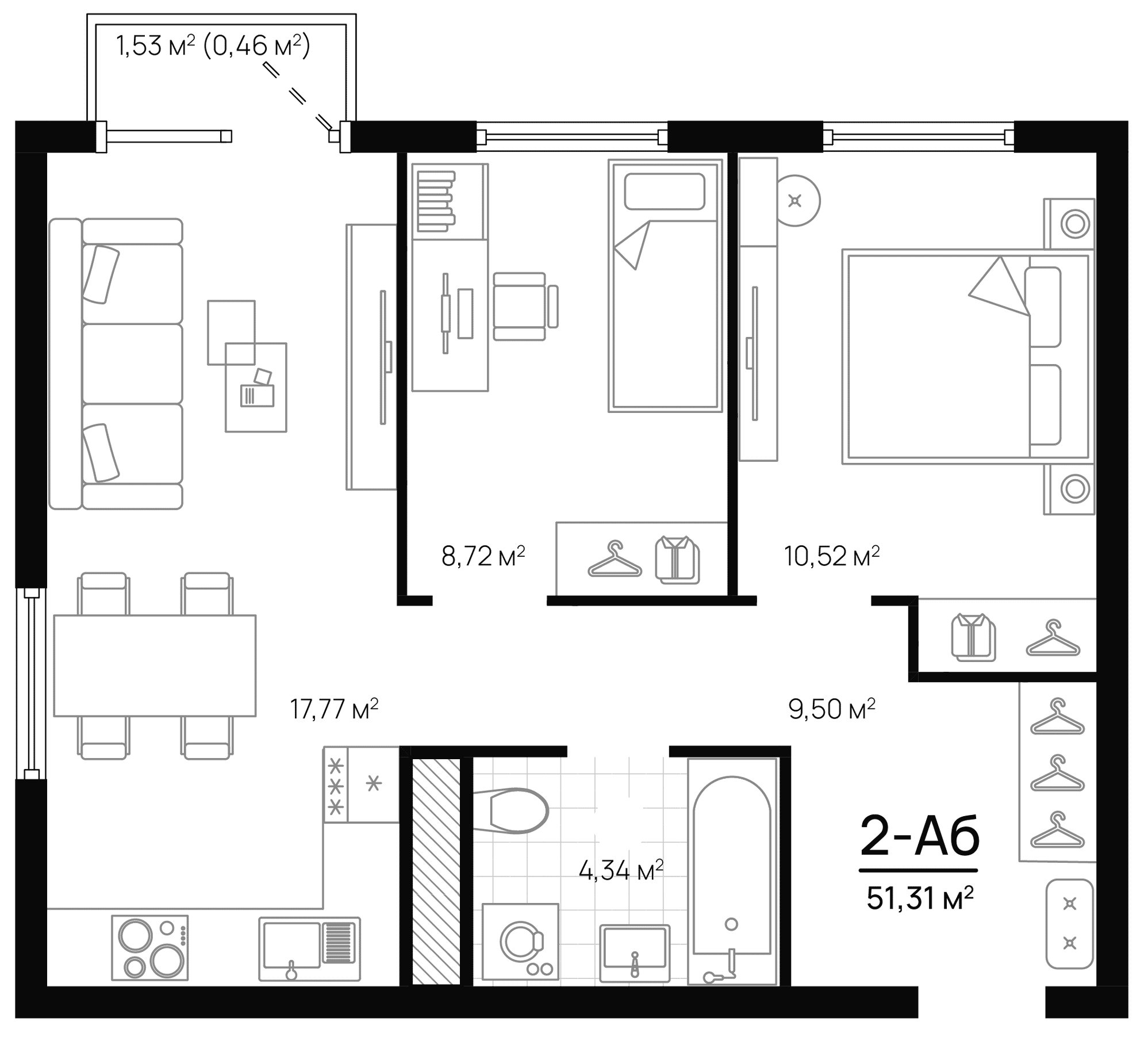Планировка — Progress Академический, 3-комн., 51 м²