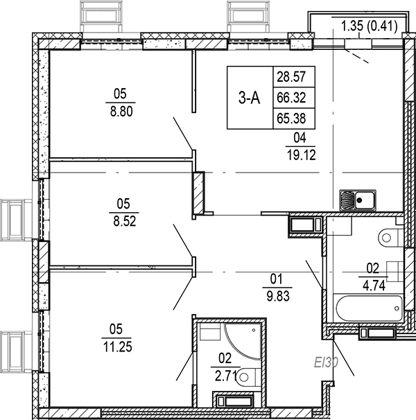 Планировка — Progress Академический, 4-комн., 65 м²