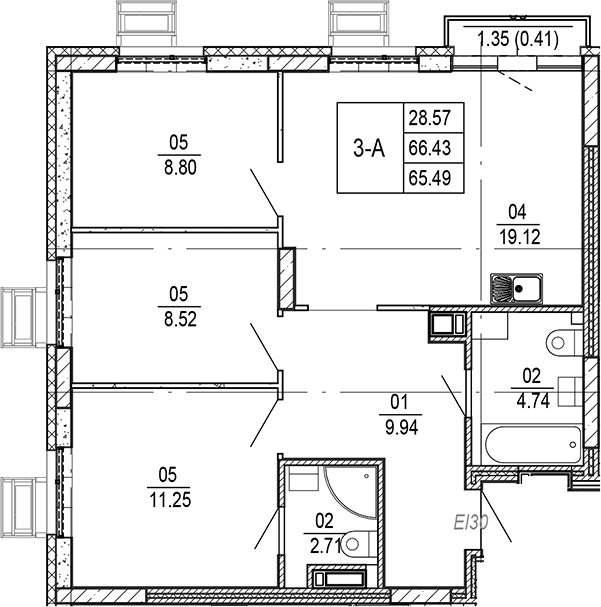 Планировка — Progress Академический, 4-комн., 65 м²