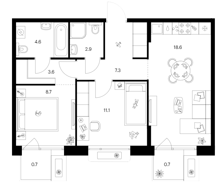 Планировка — Сиберово, 3-комн., 57 м²