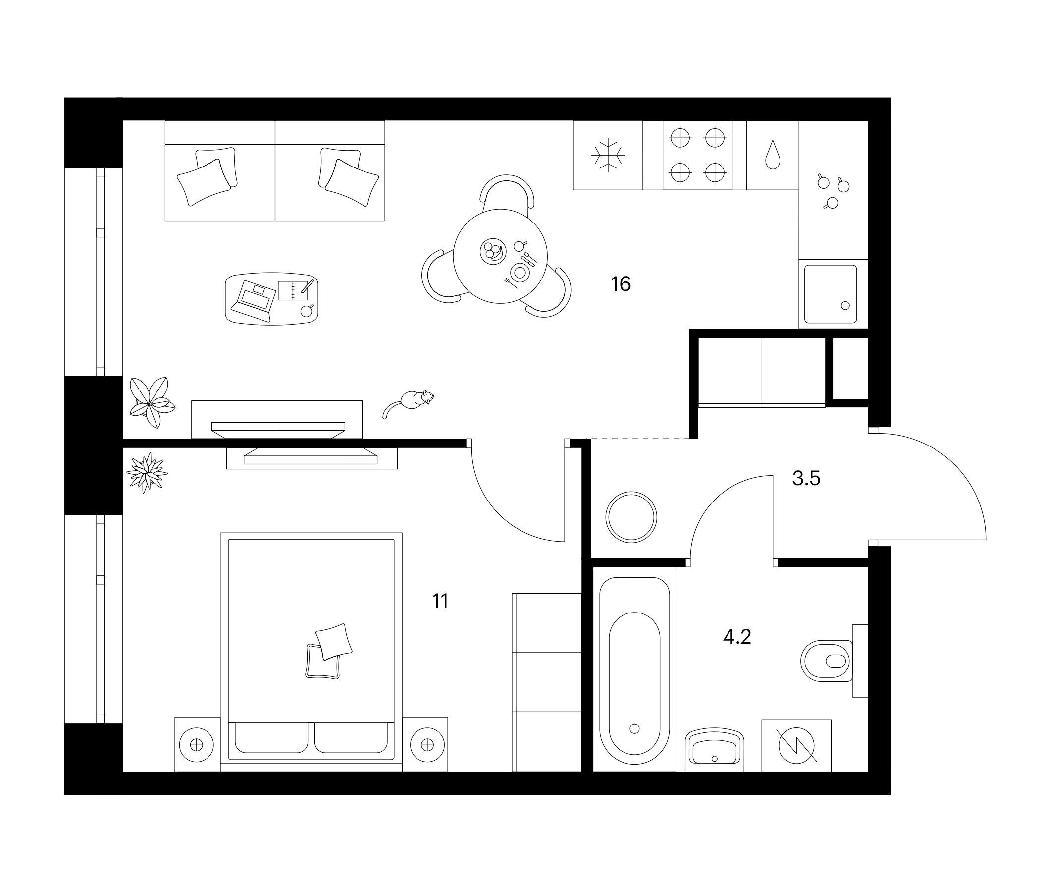 Планировка — Сиберово, 1-комн., 35 м²