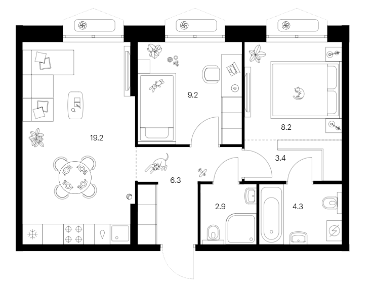 Планировка — Сиберово, 3-комн., 54 м²