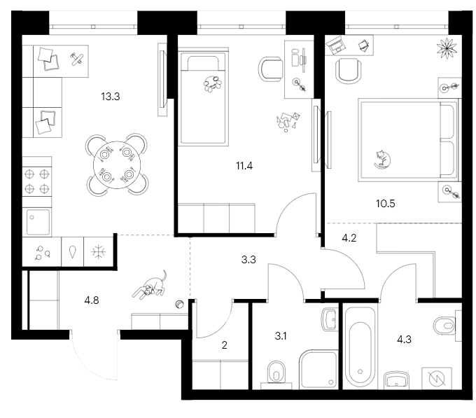 Планировка — Сиберово, 2-комн., 57 м²