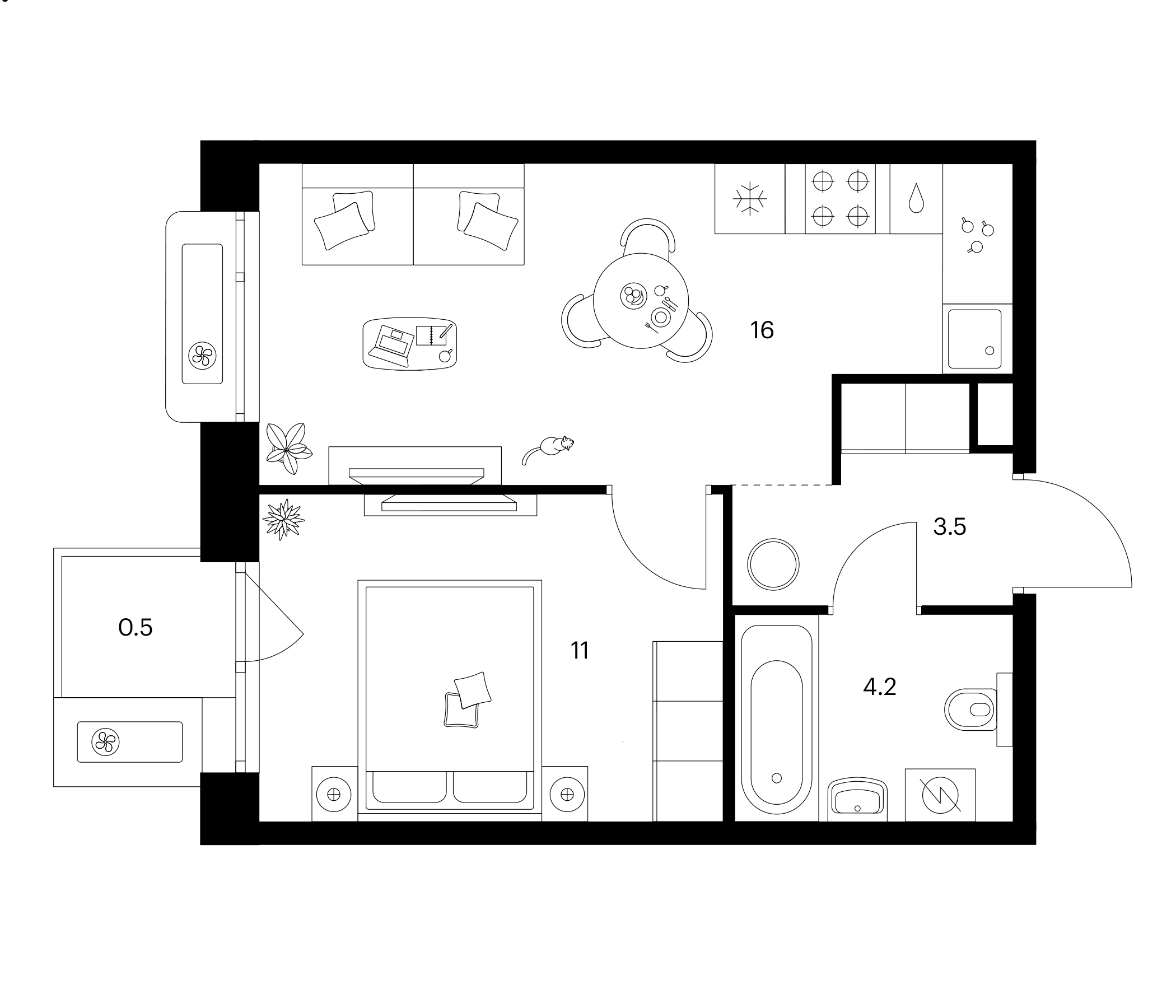 Планировка — Сиберово, 1-комн., 35 м²