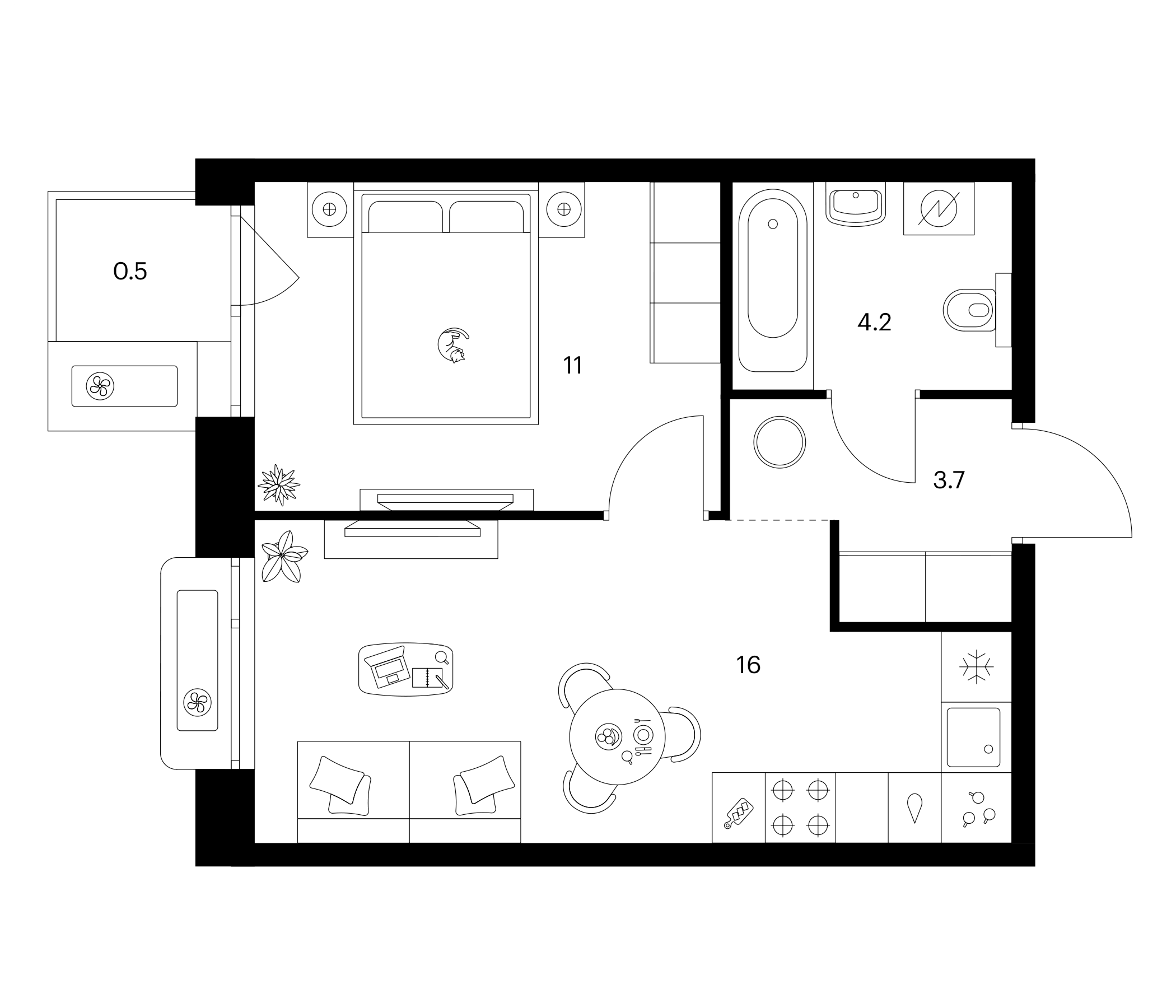 Планировка — Сиберово, 1-комн., 35 м²