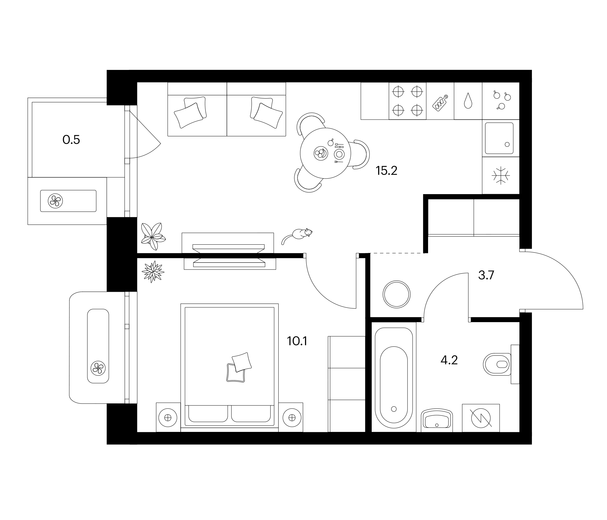 Планировка — Сиберово, 1-комн., 33 м²