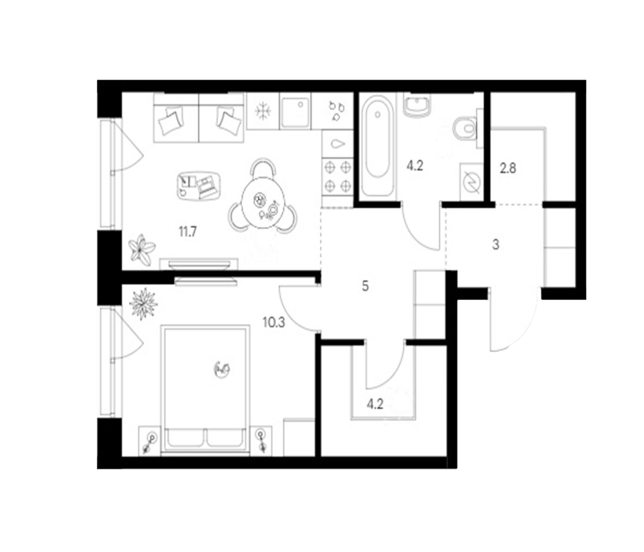 Планировка — Сиберово, 1-комн., 41 м²