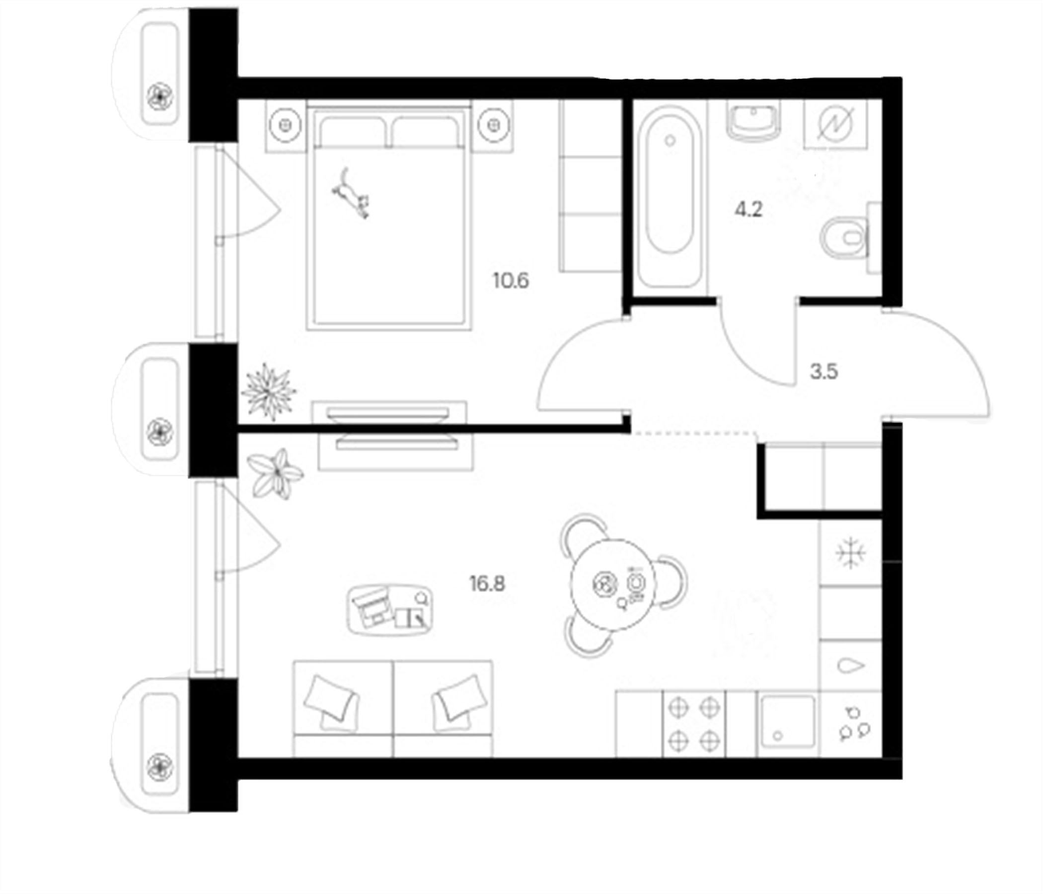 Планировка — Сиберово, 1-комн., 35 м²