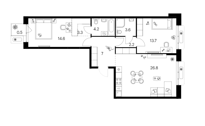 Планировка — Сиберово, 2-комн., 75 м²