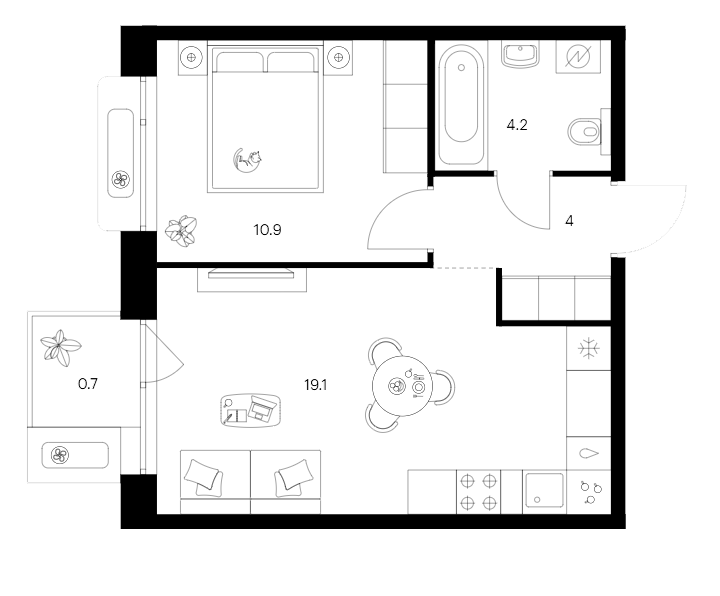 Планировка — Сиберово, 1-комн., 38 м²