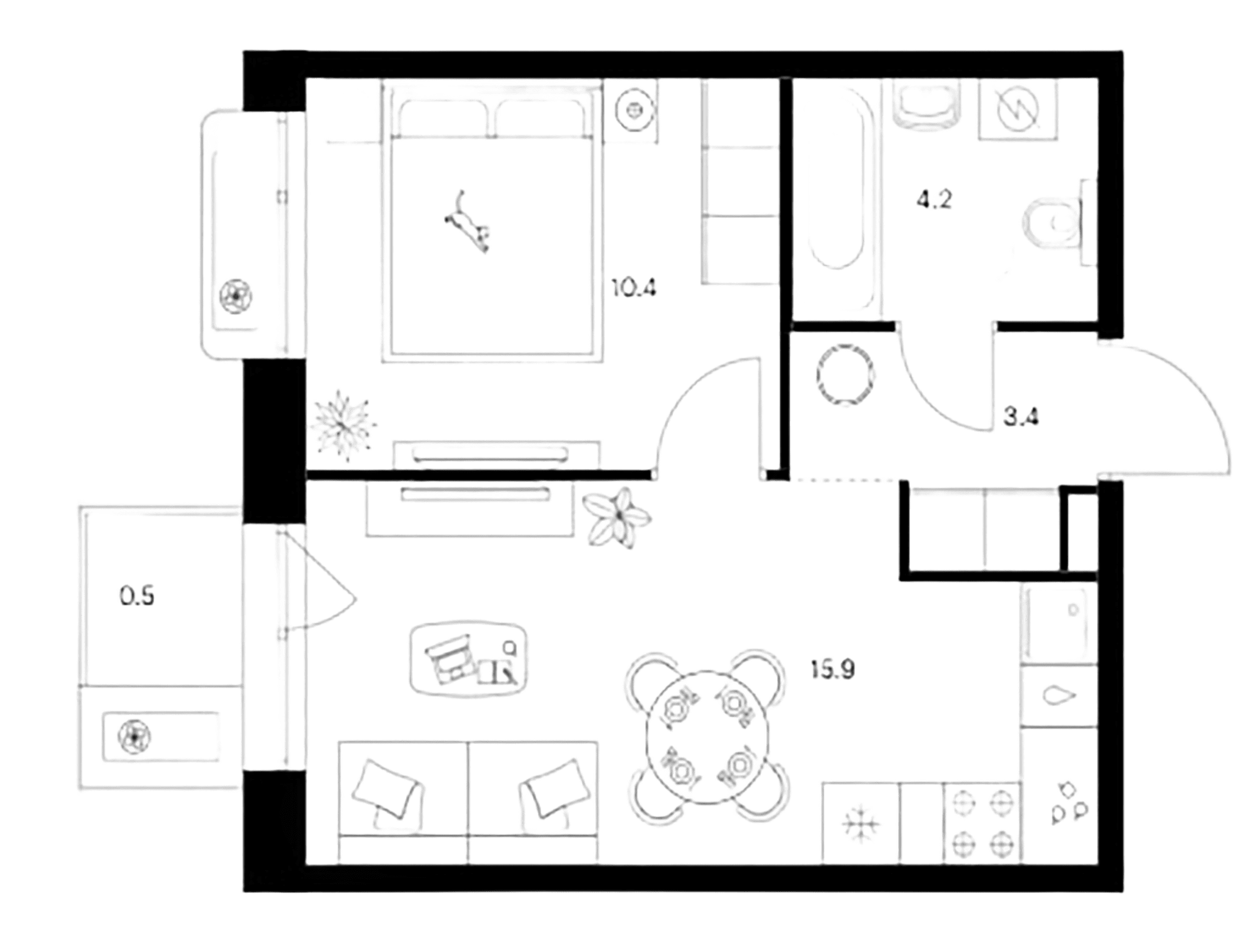Планировка — Сиберово, 1-комн., 34 м²