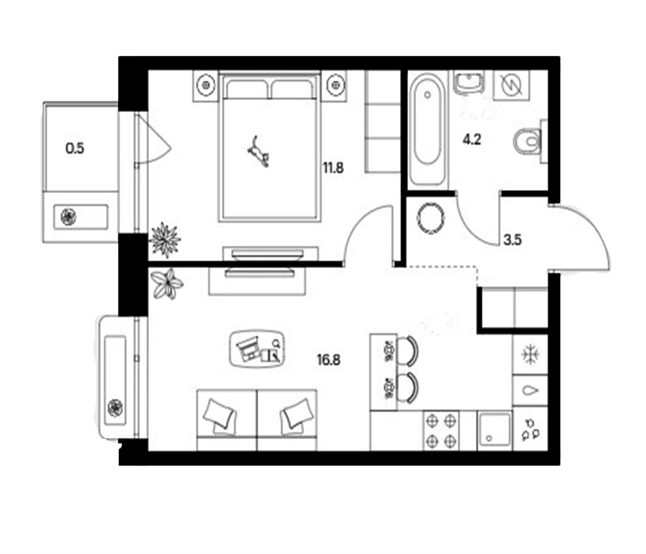 Планировка — Сиберово, 2-комн., 36 м²