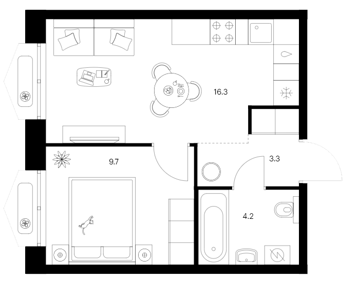 Планировка — Сиберово, 2-комн., 34 м²