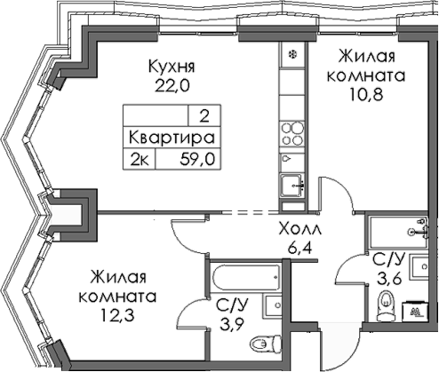 Планировка — Ботаническая 3, 2-комн., 59 м²