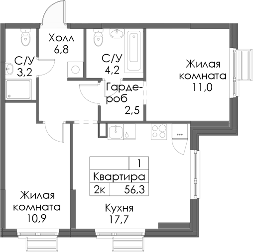Планировка — Матюшино парк, 2-комн., 56 м²