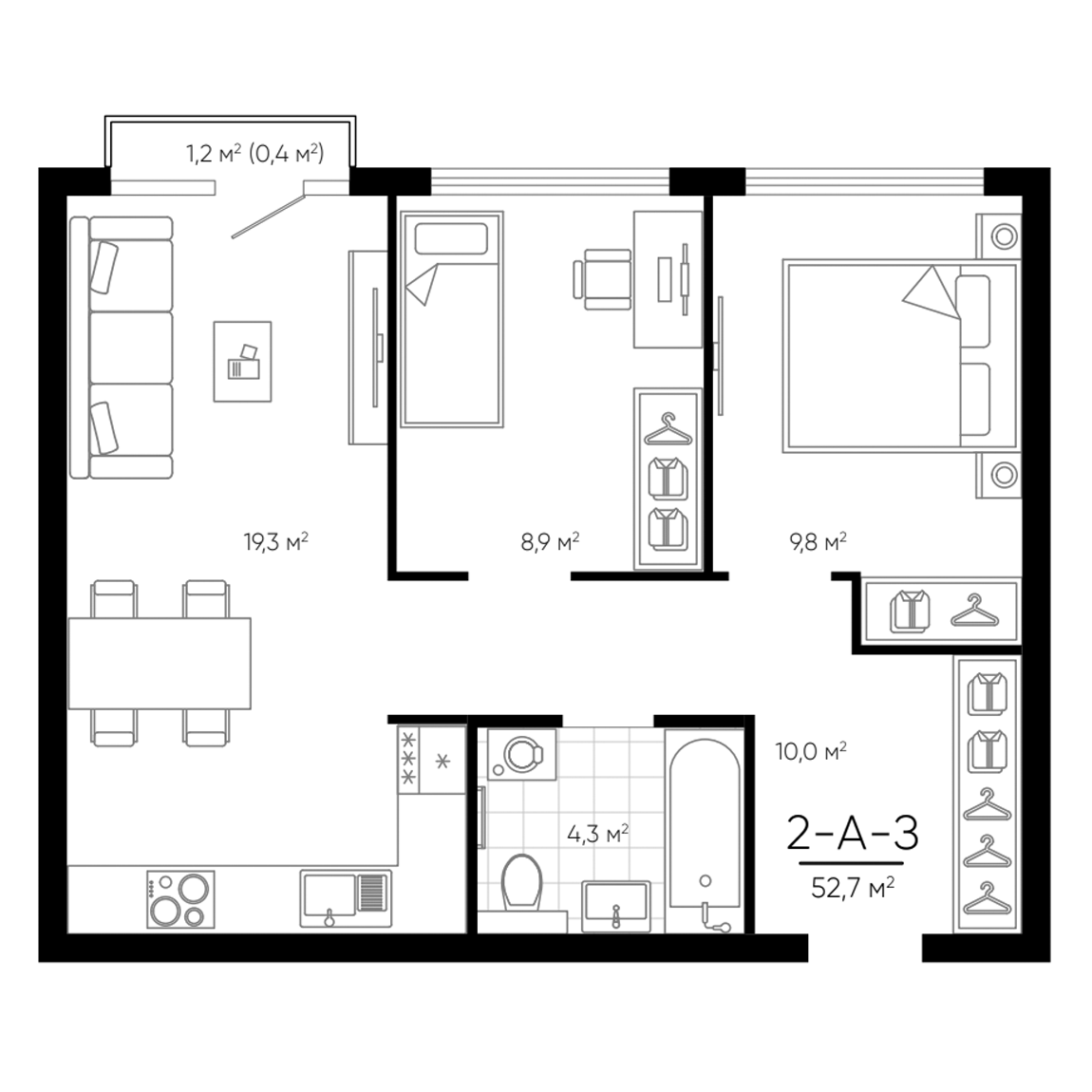 Планировка — Amundsen, 3-комн., 52 м²