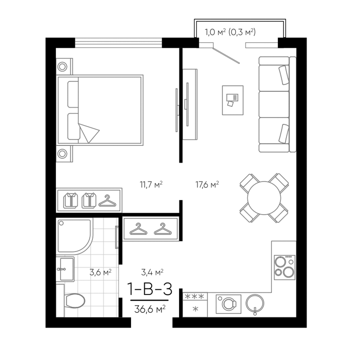 Планировка — Amundsen, 2-комн., 36 м²