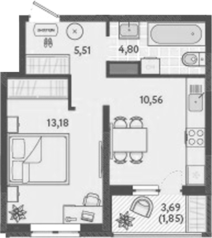Планировка — Теплые края, 1-комн., 34 м²