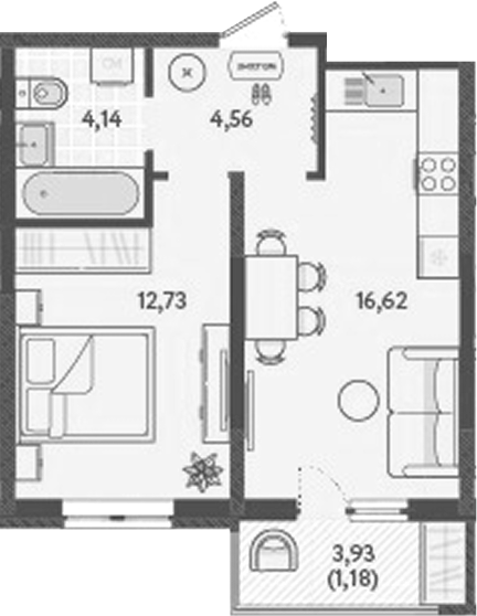 Планировка — Теплые края, 1-комн., 38 м²