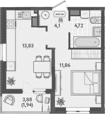 Планировка — Теплые края, 1-комн., 35 м²
