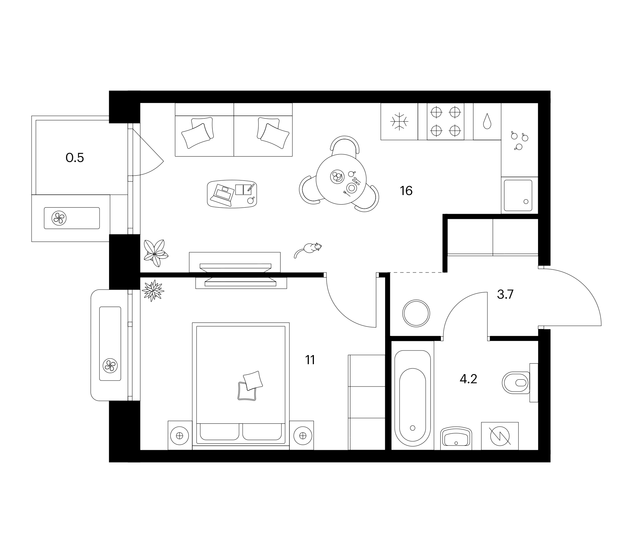 Планировка — Сиберово, 1-комн., 35 м²