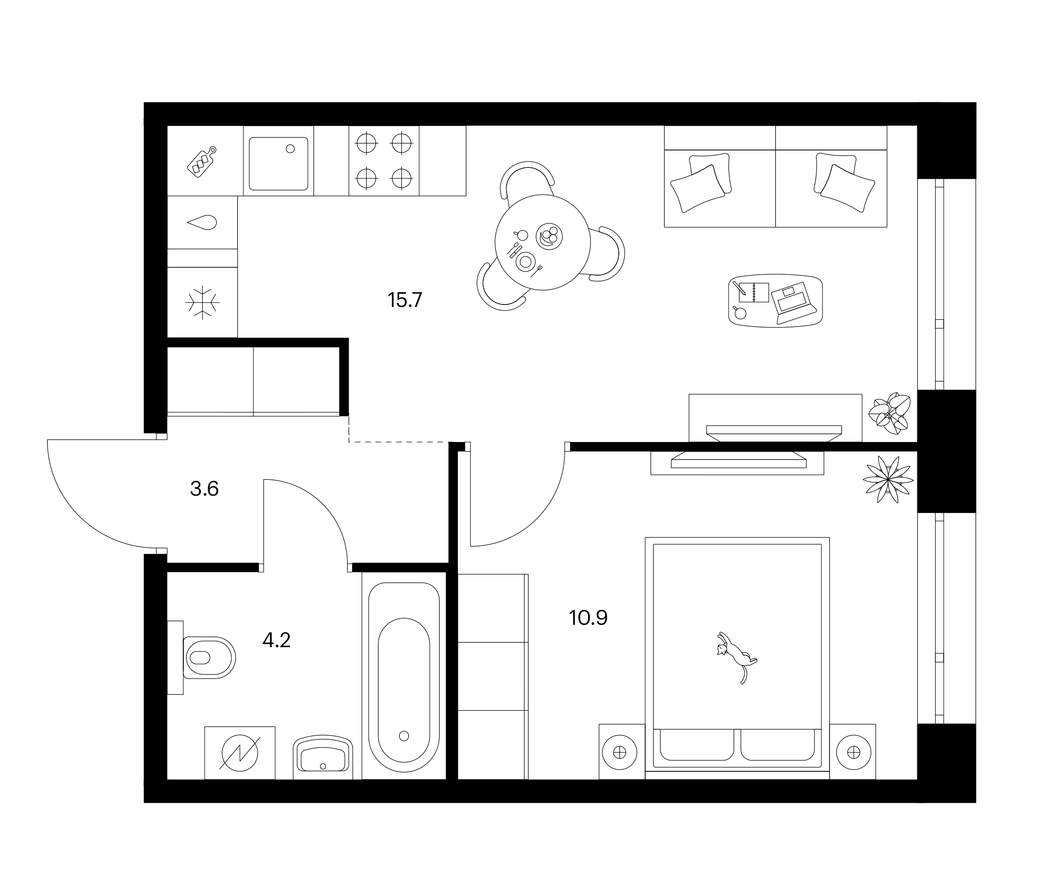 Планировка — Сиберово, 1-комн., 34 м²