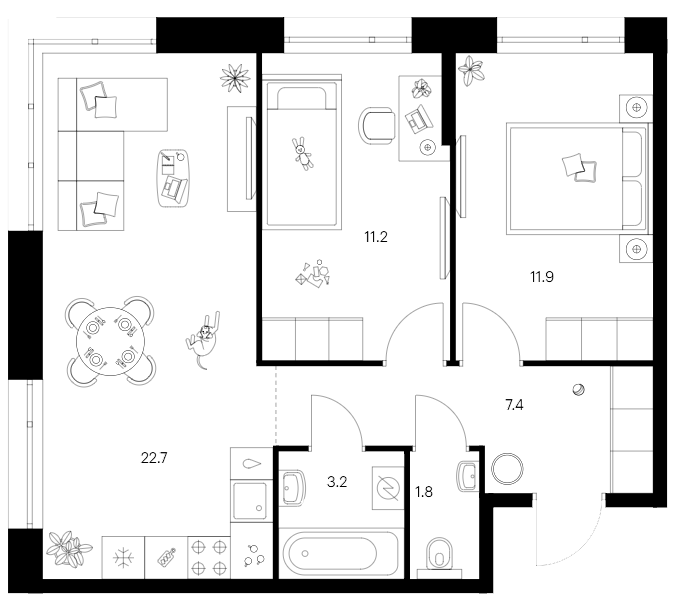 Планировка — Сиберово, 3-комн., 58 м²