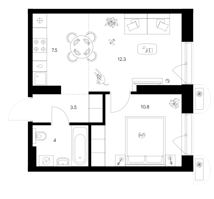 Планировка — Сиберово, 2-комн., 38 м²