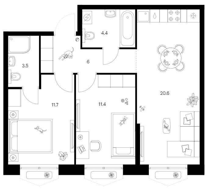 Планировка — Сиберово, 3-комн., 58 м²