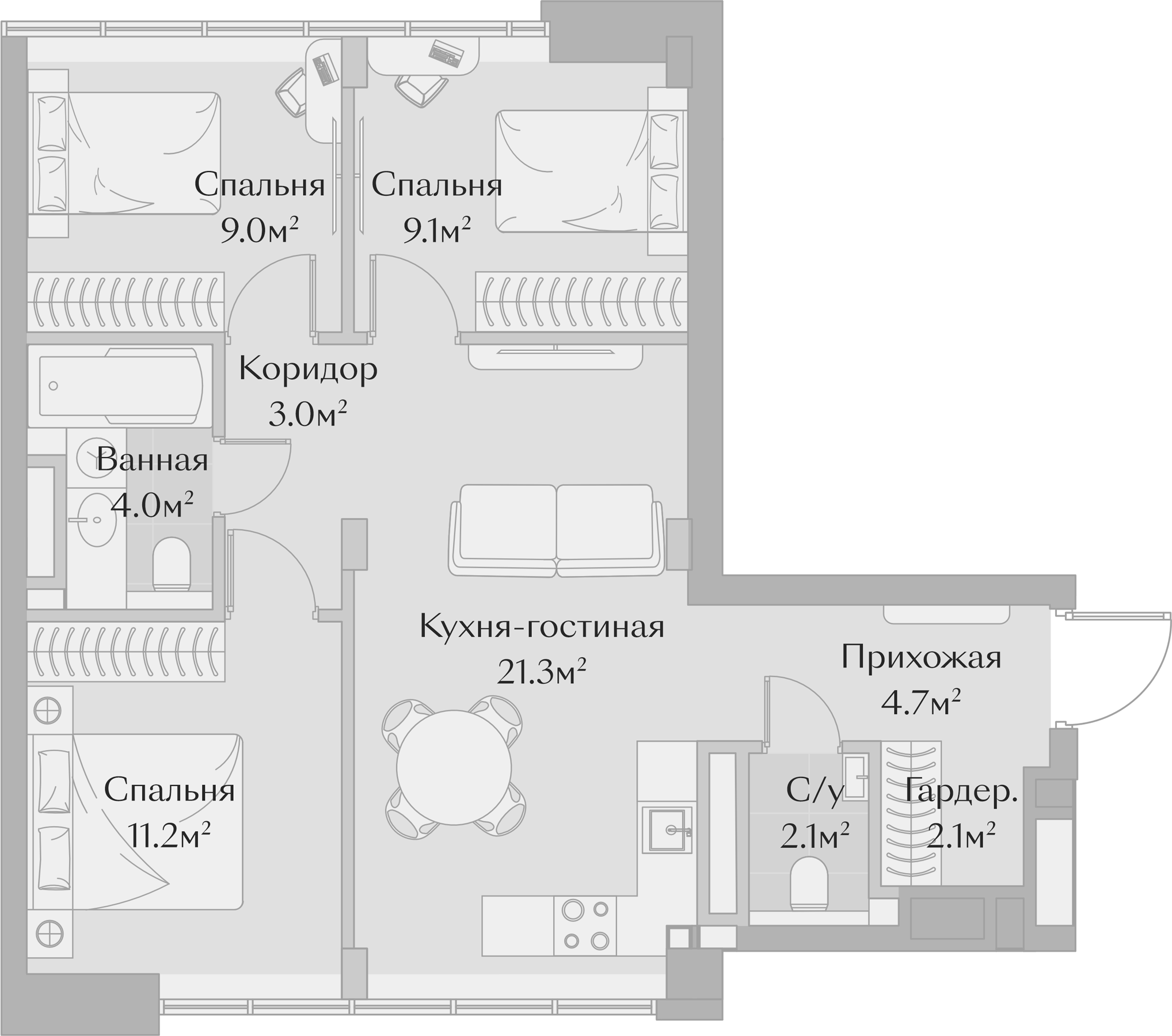 Планировка — Заря, 4-комн., 67 м²