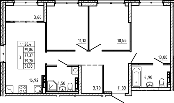 Планировка — Небосклоны, 4-комн., 77 м²