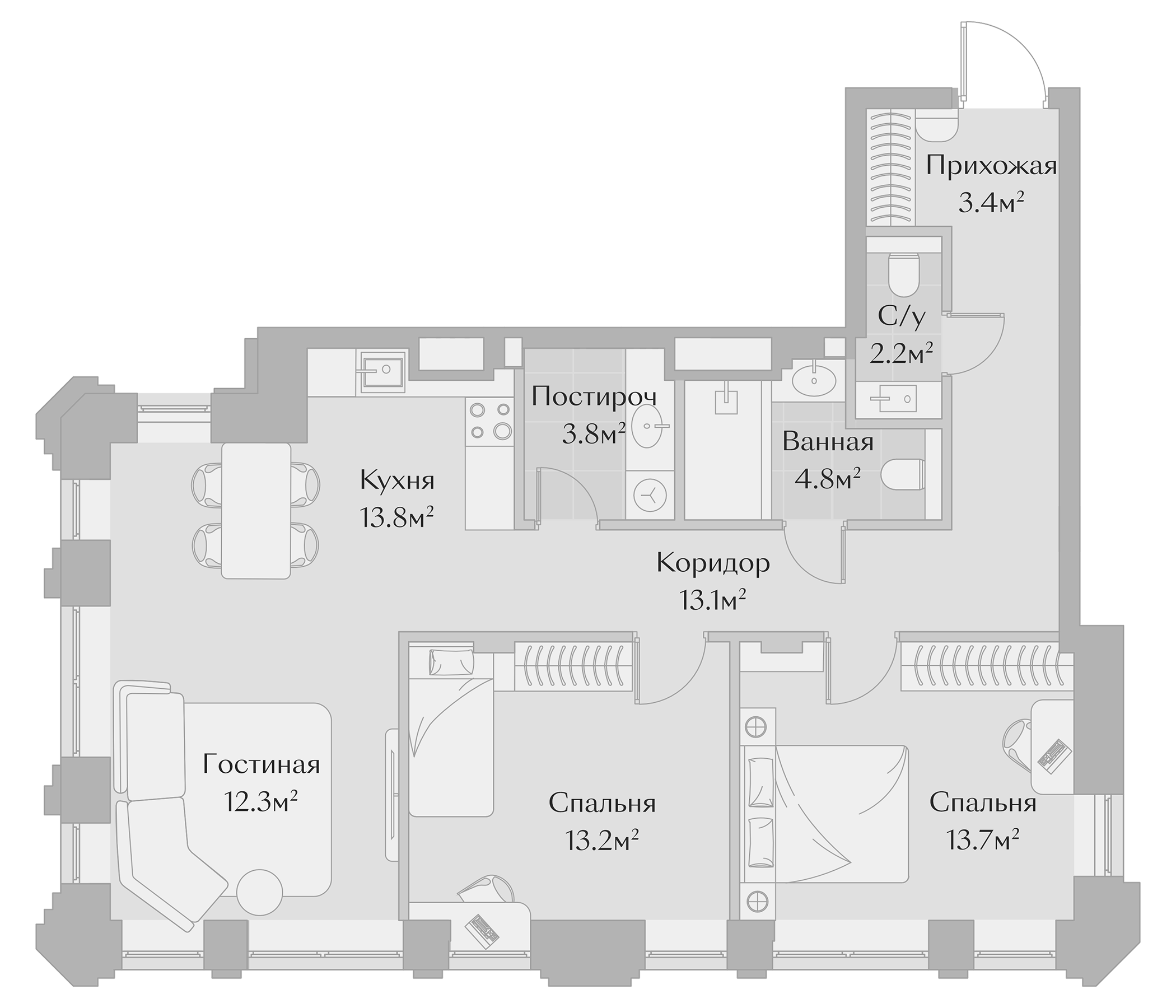 Планировка — Заря, 3-комн., 80 м²