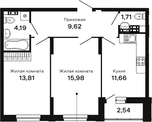 Планировка — Горки, 2-комн., 57 м²