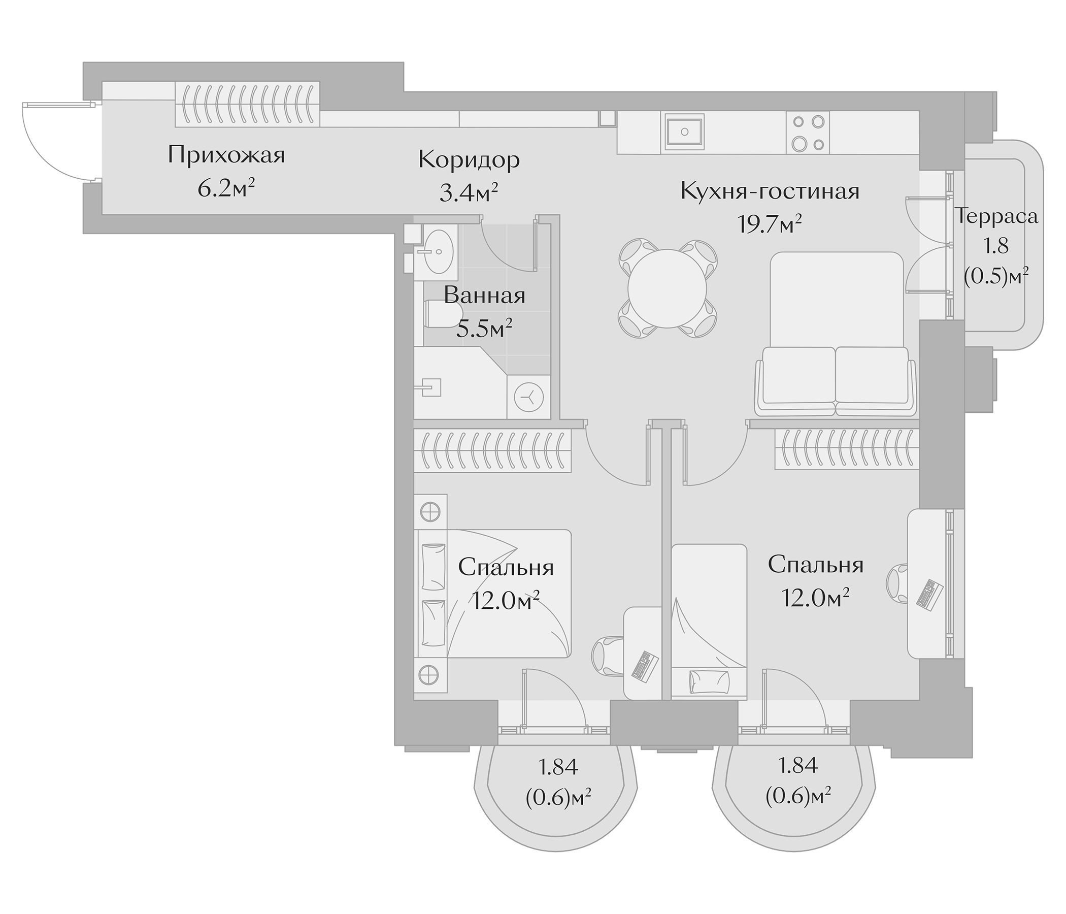 Планировка — Заря, 3-комн., 58 м²
